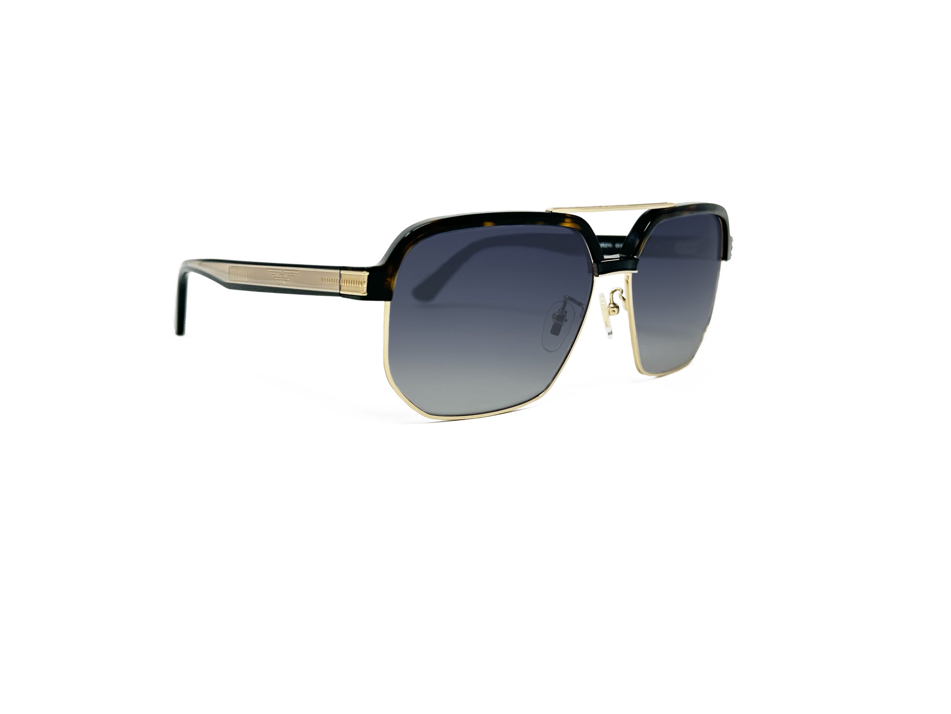 Police squared aviator style sunglass with bar across top. Model: SPLF11 Origins Hero 1. Color: 0301. Side view.