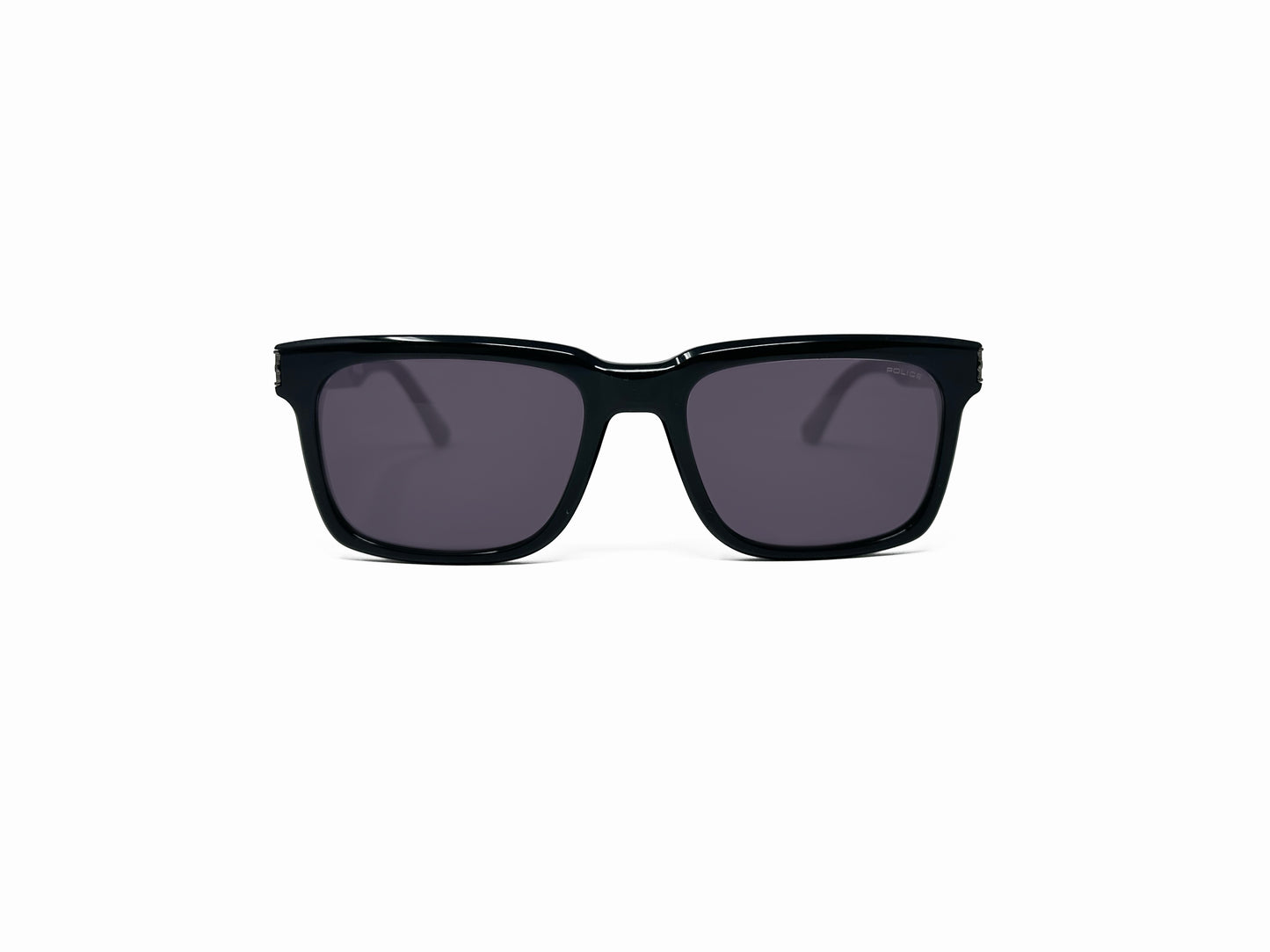 Police square acetate sunglass with bevel on top of frame. Model: SPLF12 - Origins Hero 2. Color: 0700 - Glossy Black. Front view. 