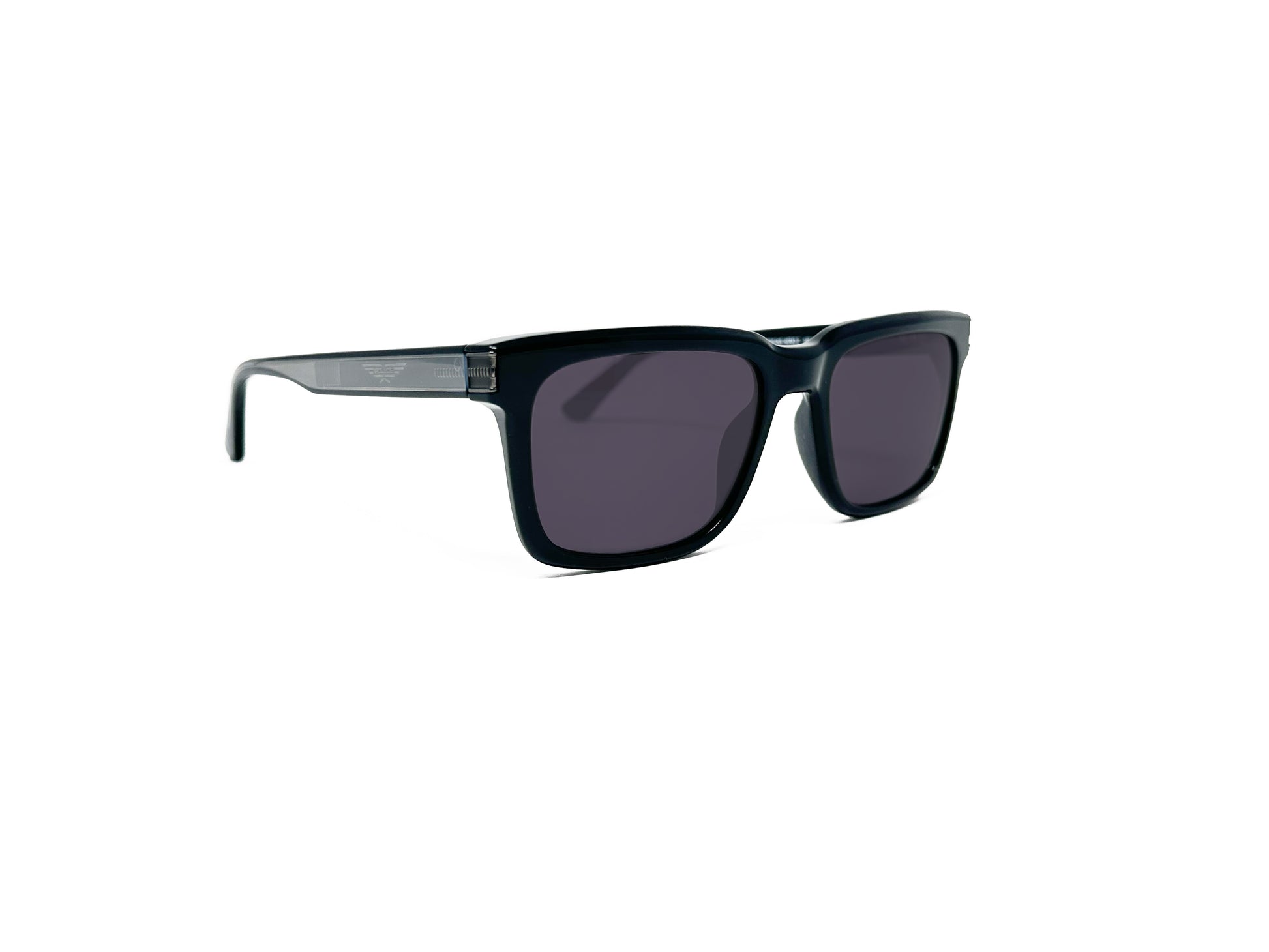 Police square acetate sunglass with bevel on top of frame. Model: SPLF12 - Origins Hero 2. Color: 0700 - Glossy Black. Side view.