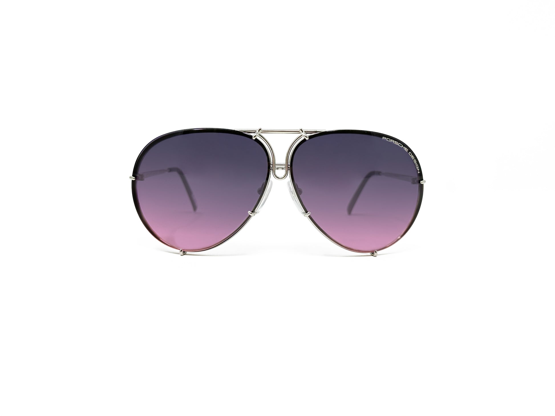 Porsche Design aviator style sunglass. Model: P8478. Color M Silver with purple to pink gradient lens. Front view.