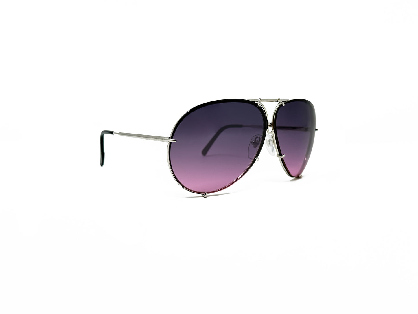 Porsche Design aviator style sunglass. Model: P8478. Color M Silver with purple to pink gradient lens. Side view.