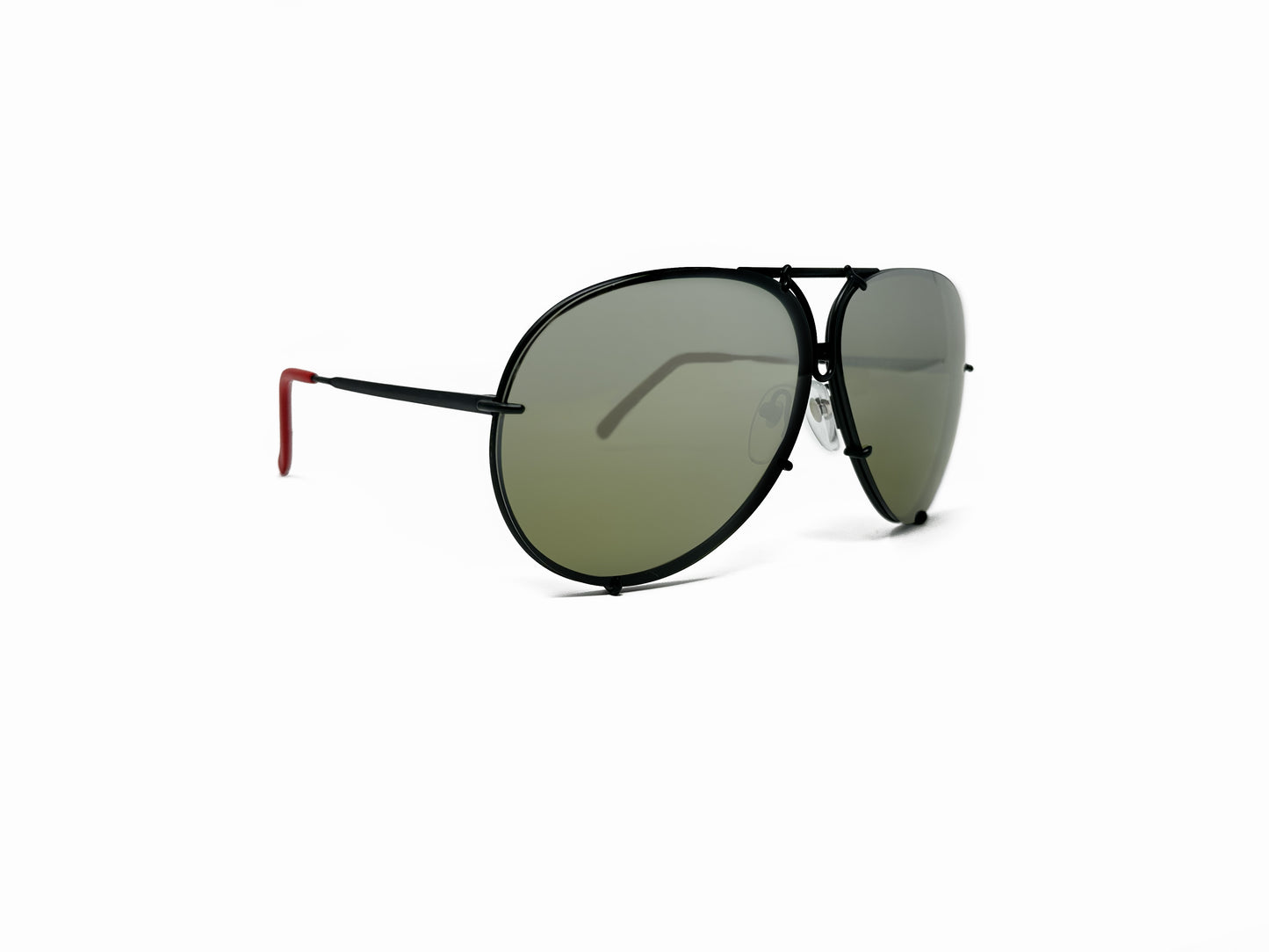 Porsche Design aviator style sunglass. Model: P8478. Color R - black with red temples. Side view.