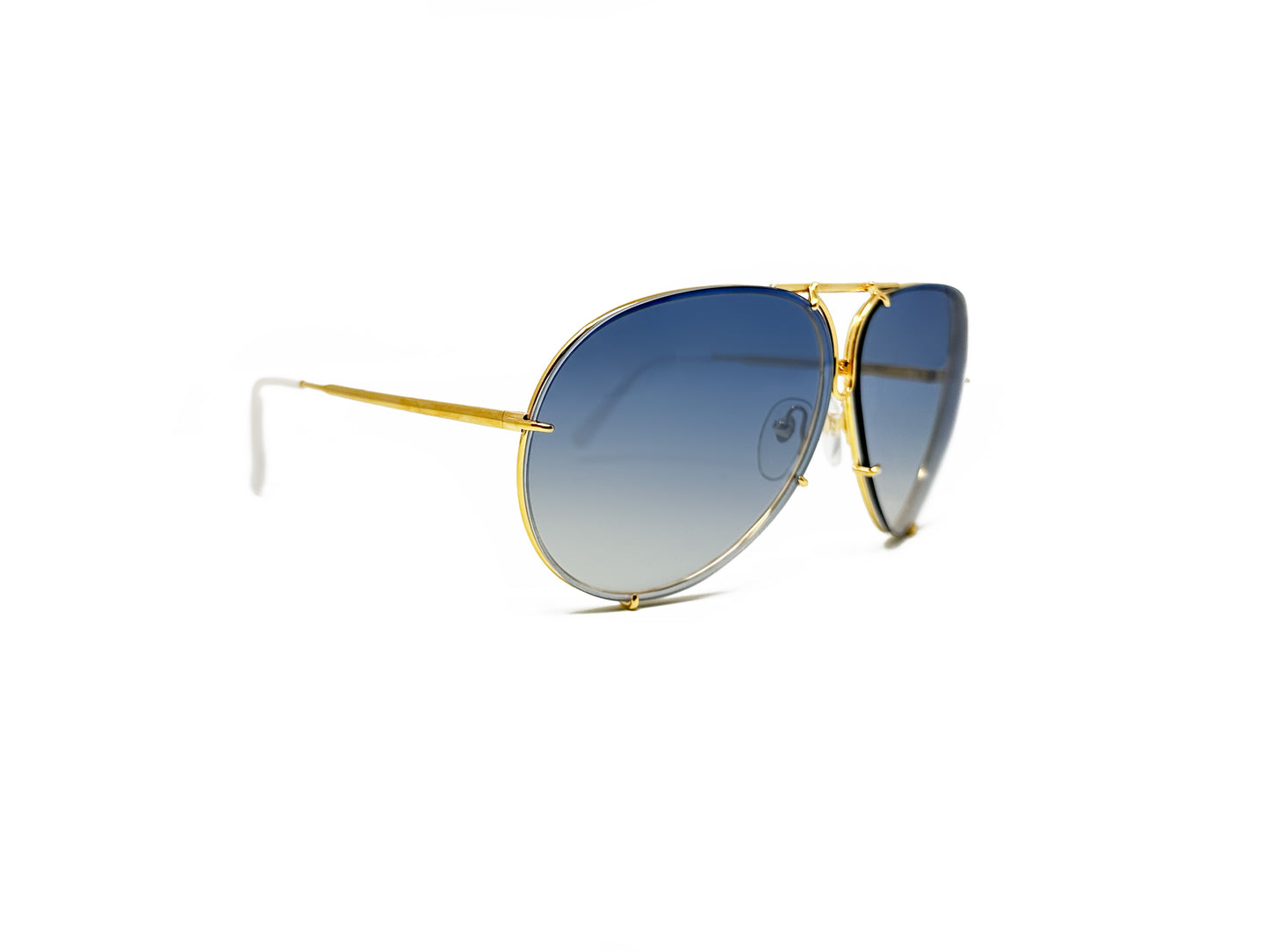 Porsche Design aviator style sunglass. Model: P8478. Color W - Gold with White temples and blue gradient lens. Side view.