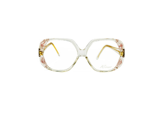 Revue vintage, oversized, acetate optical frame. Model: 606. Color: Pink, clear with pink flower design inlaid inside acetate. Front view. 