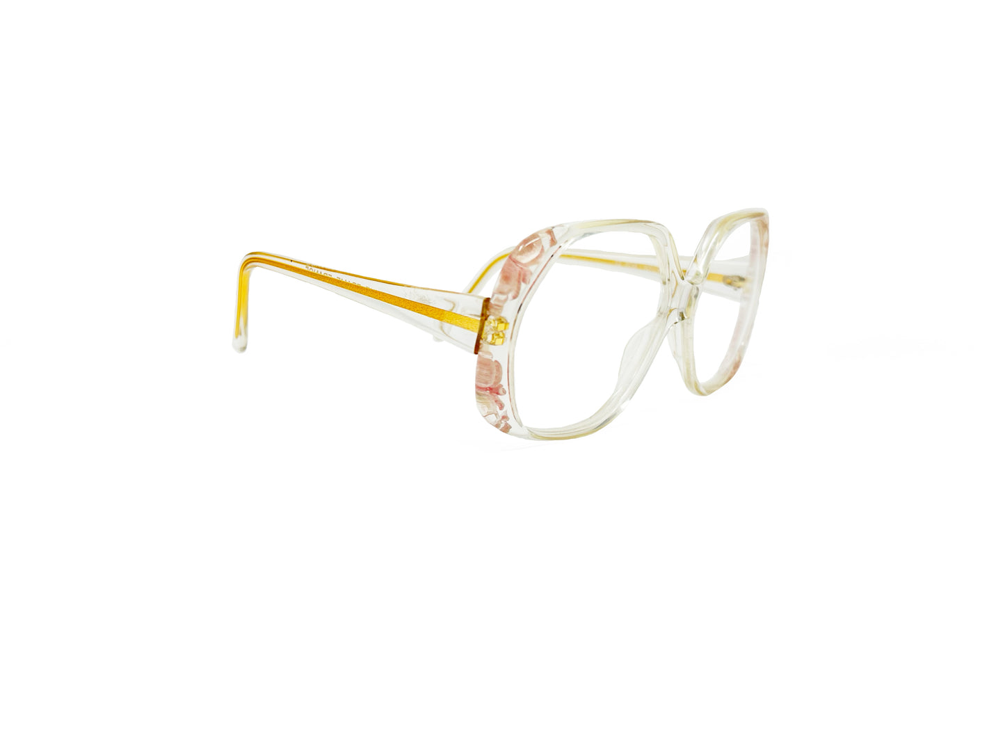 Revue vintage, oversized, acetate optical frame. Model: 606. Color: Pink, clear with pink flower design inlaid inside acetate. Side view.