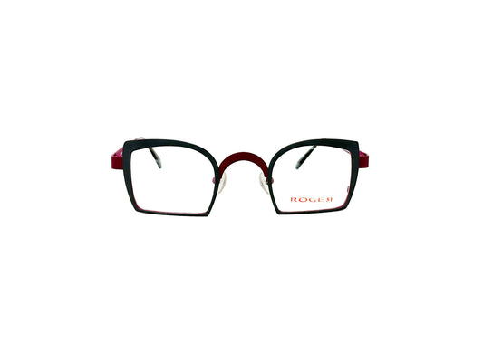 Roger upturned, angled metal optical frame. Model: Bola. Color: 4 - Black and Burgundy. Front view. 