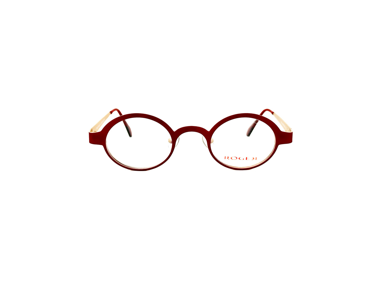 Roger oval, metal, optical frames . Model: Dee. Color: 2 Red and cream. Front view. 