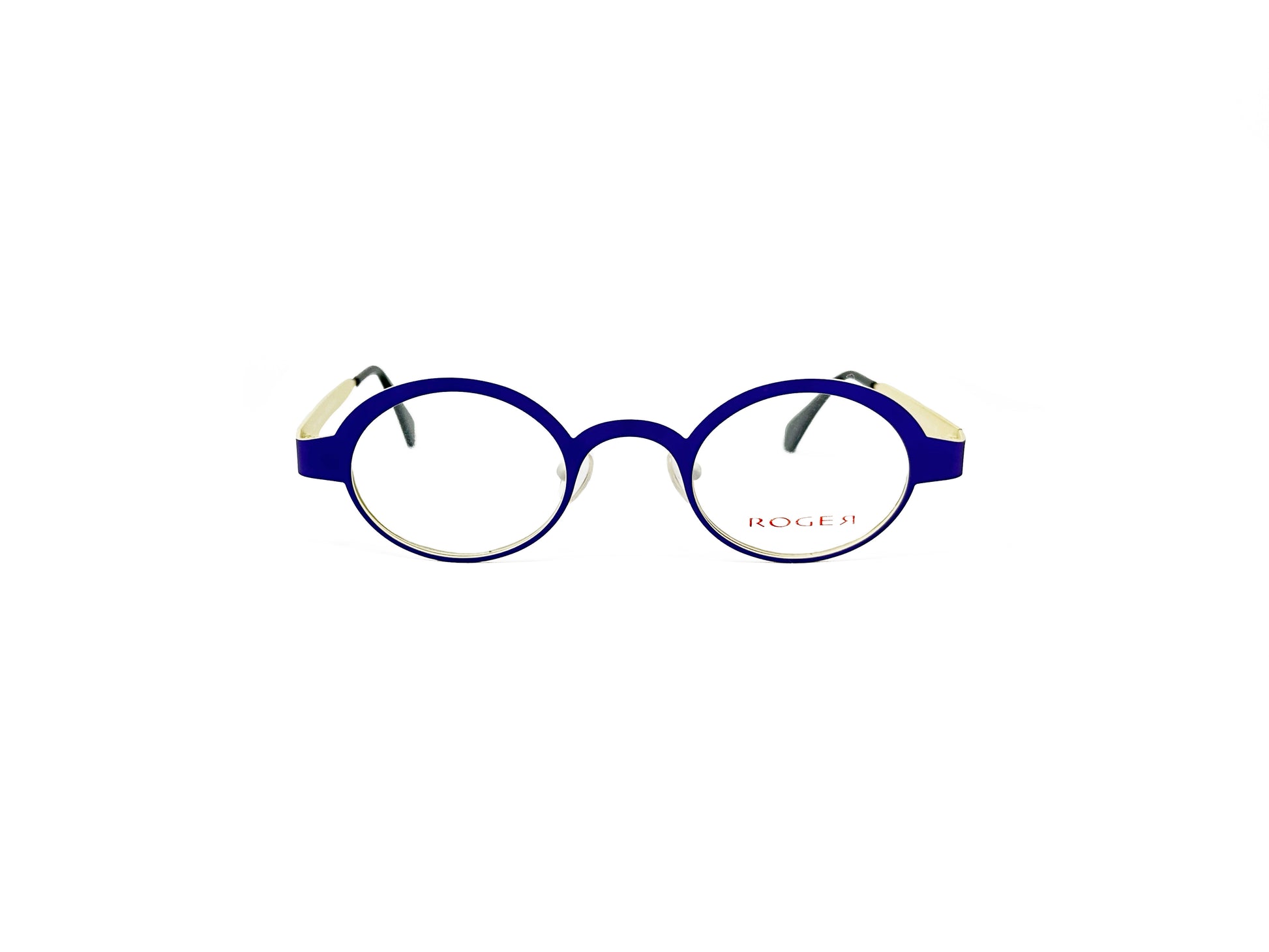 Roger oval, metal optical frame. Model: Dee. Color: 6 - Blue with cream insides. Front view. 