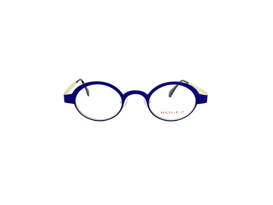 Roger oval, metal optical frame. Model: Dee. Color: 6 - Blue with cream insides. Front view. 