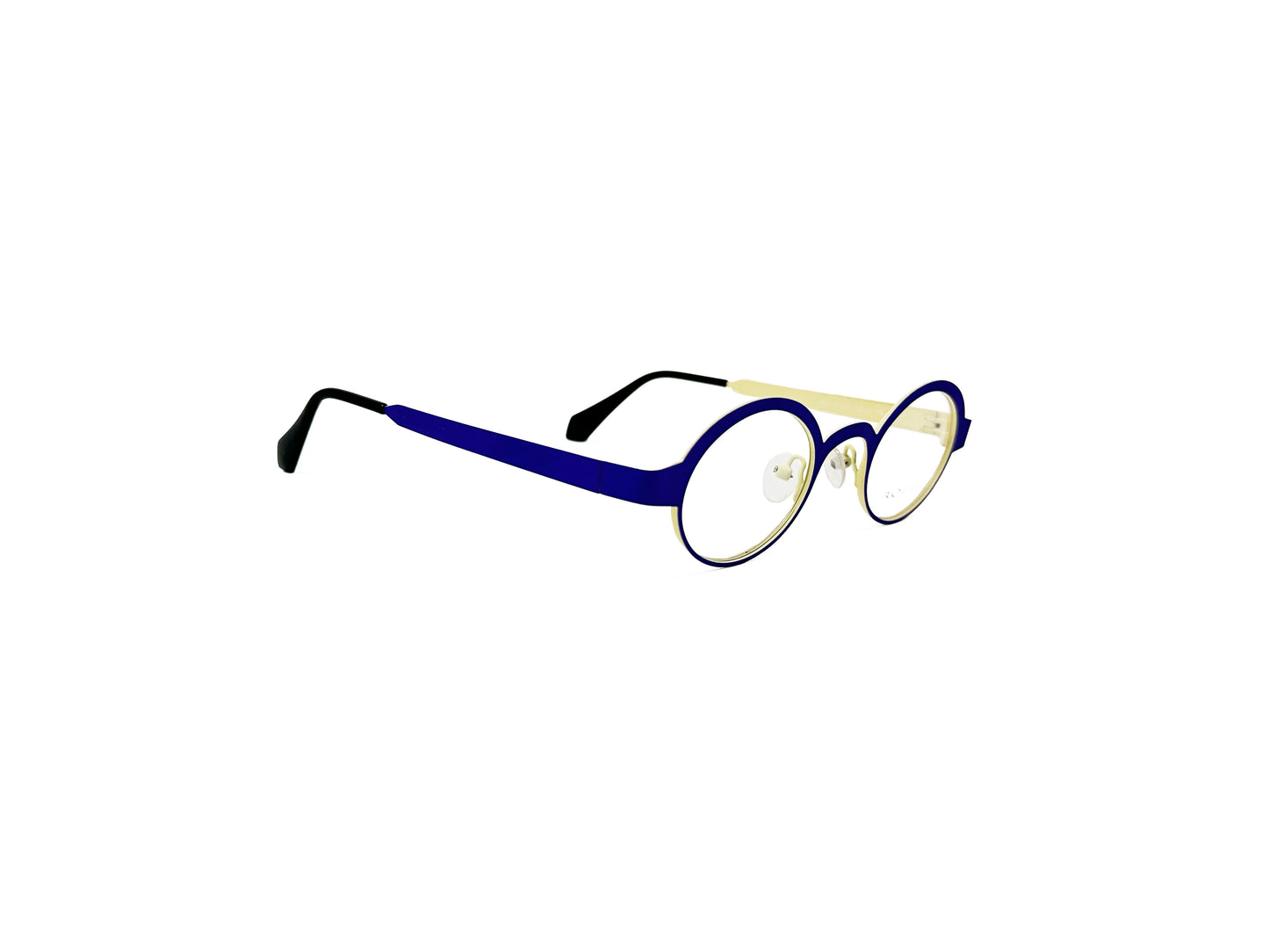 Roger oval, metal optical frame. Model: Dee. Color: 6 - Blue with cream insides. Front view.