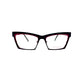 Roger metal, angled cat-eye optical frame. Model: Guzz. Color: 3 - Black with red inner trim. Front view. 