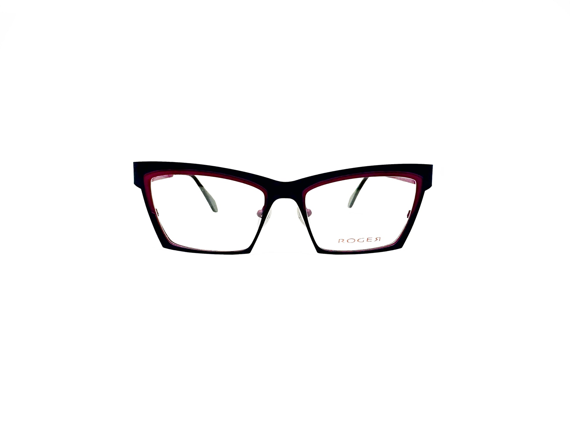 Roger metal, angled cat-eye optical frame. Model: Guzz. Color: 3 - Black with red inner trim. Front view. 