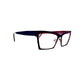 Roger metal, angled cat-eye optical frame. Model: Guzz. Color: 3 - Black with red inner trim. Side view.