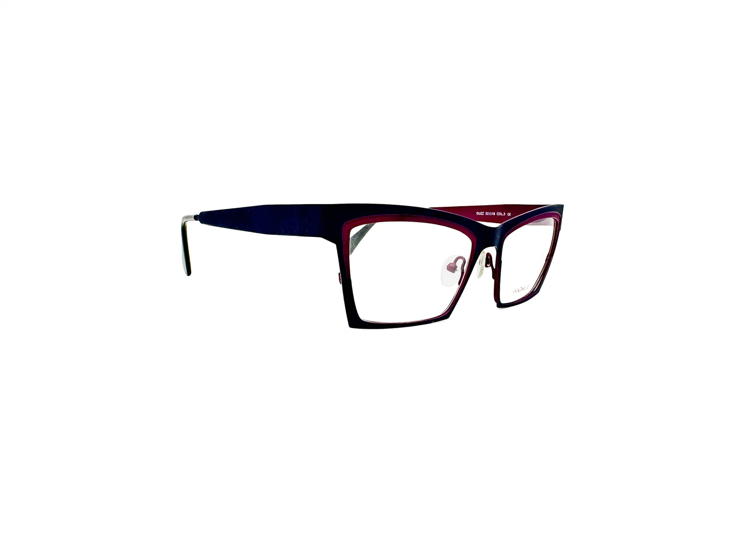 Roger metal, angled cat-eye optical frame. Model: Guzz. Color: 3 - Black with red inner trim. Side view.