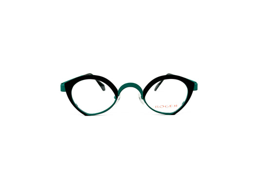 Roger two-toned, metal, angled oval optical frame. Model: Linda. Color: 1 - Black and Green. Front view. 