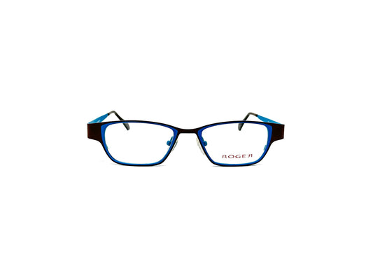 Roger rectangular, metal optical frame. Model: Mel. Color: 2 - Blue and black. Front view. 