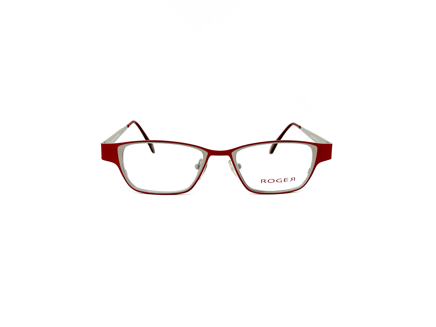 Roger rectangular, metal optical frame. Model: Mel. Color: 3 - Red and white. Front view.