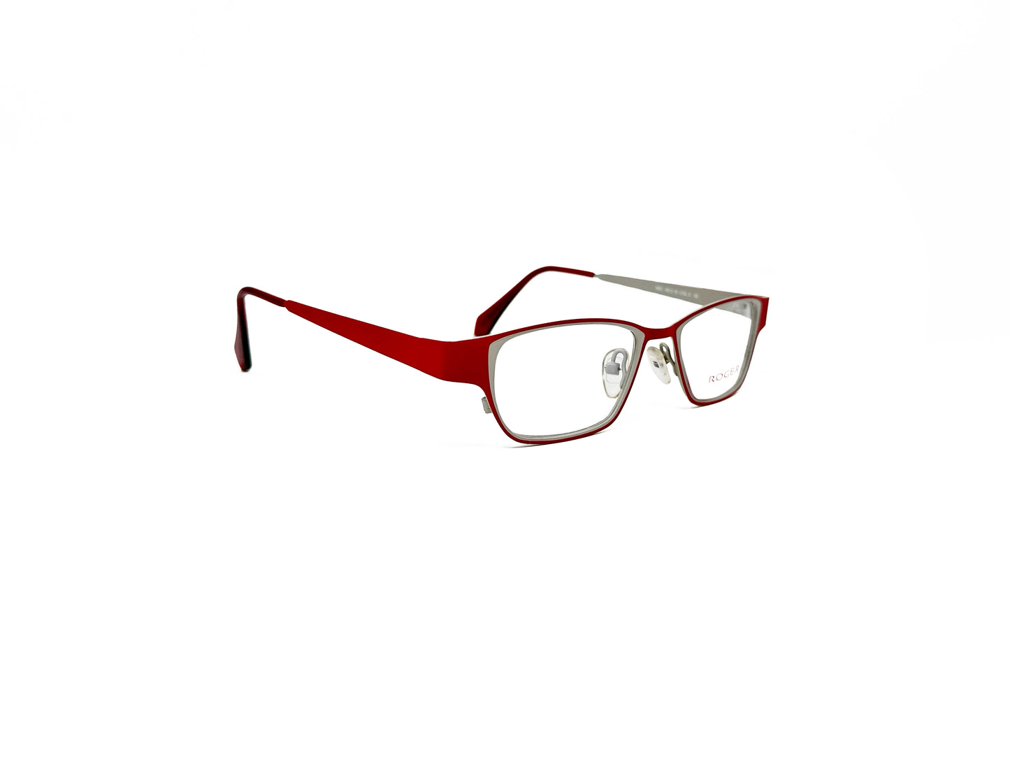 Roger rectangular, metal optical frame. Model: Mel. Color: 3 - Red and white. Side view.