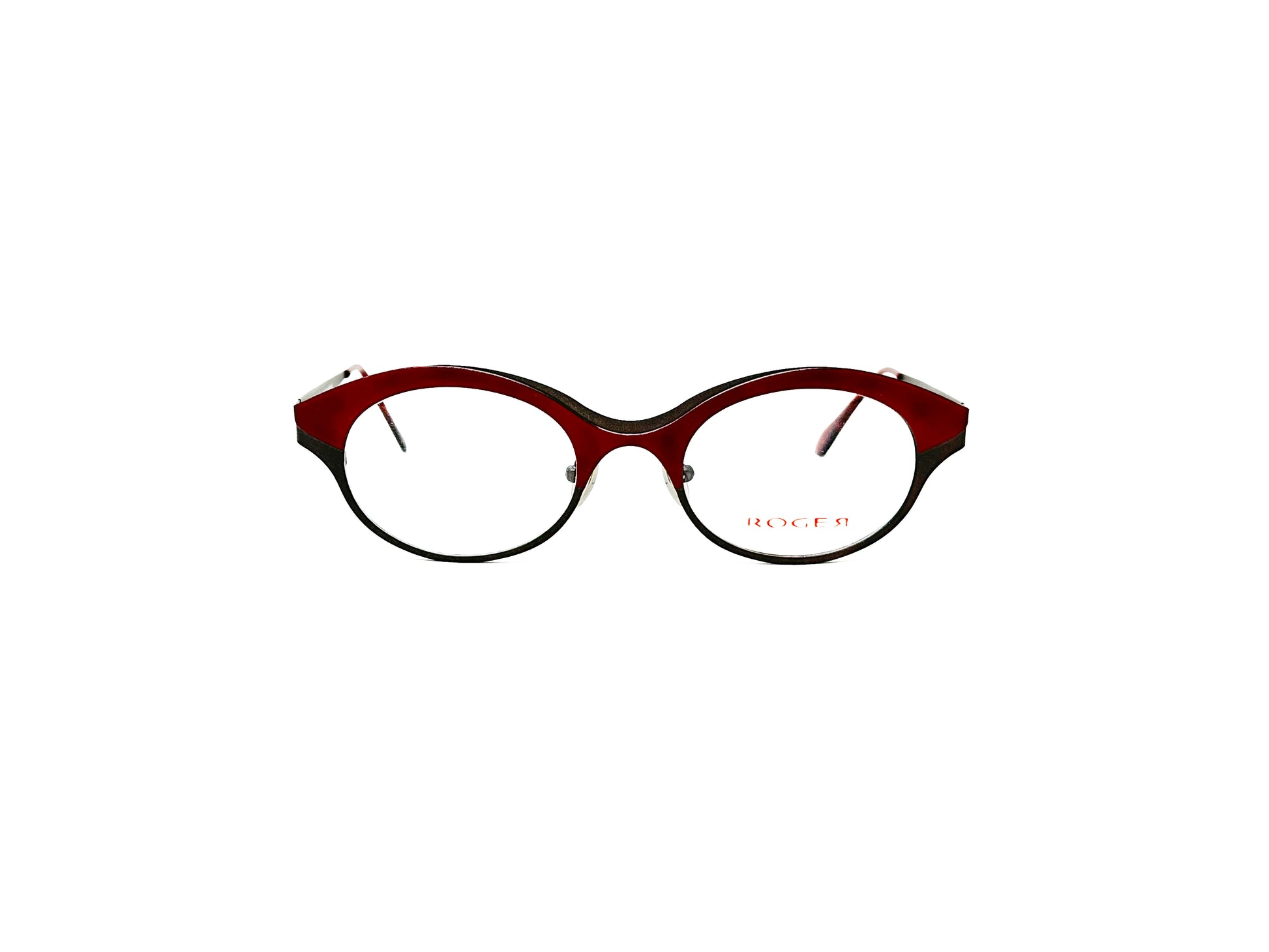 Roger metal, oval optical frame, with frame thicker on top than bottom. Model: Morris. Color: 2 - Burgundy & Black. Front view. 