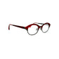 Roger metal, oval optical frame, with frame thicker on top than bottom. Model: Morris. Color: 2 - Burgundy & Black. Side view.