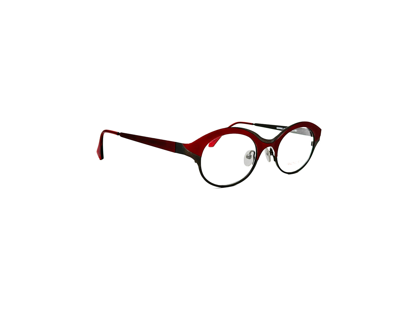 Roger metal, oval optical frame, with frame thicker on top than bottom. Model: Morris. Color: 2 - Burgundy & Black. Side view.