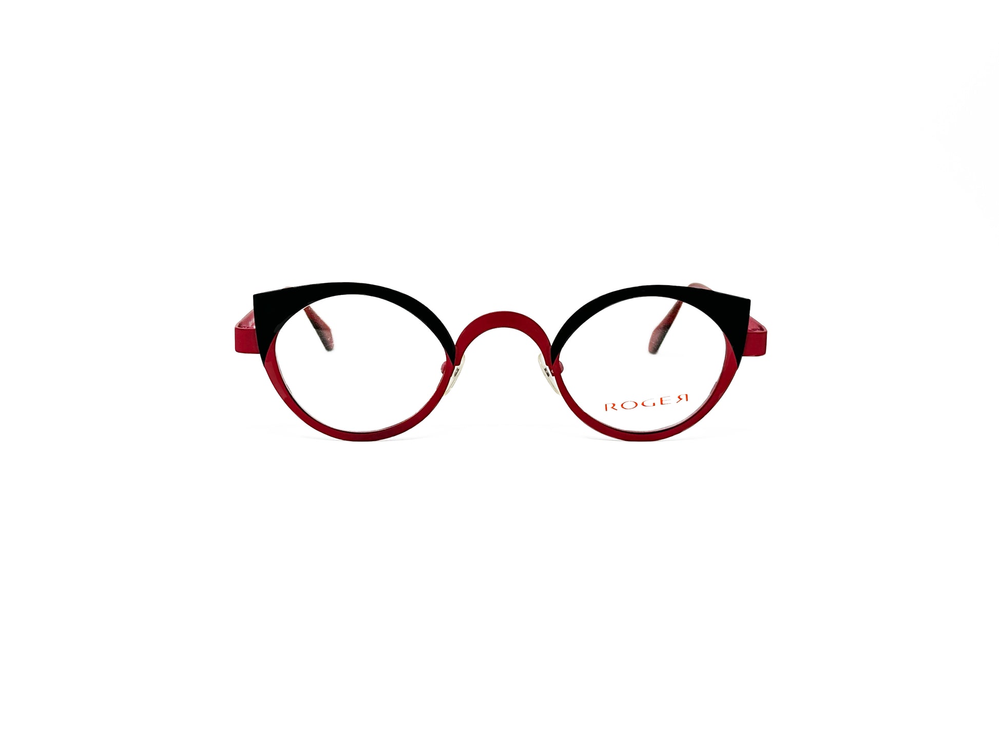 Roger metal, round, cat-eye optical frame. Model: RHI. Color: 4 - Red with black top rim. Front view. 