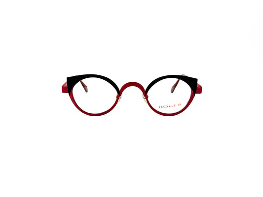 Roger metal, round, cat-eye optical frame. Model: RHI. Color: 4 - Red with black top rim. Front view. 