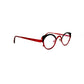 Roger metal, round, cat-eye optical frame. Model: RHI. Color: 4 - Red with black top rim. Side view.