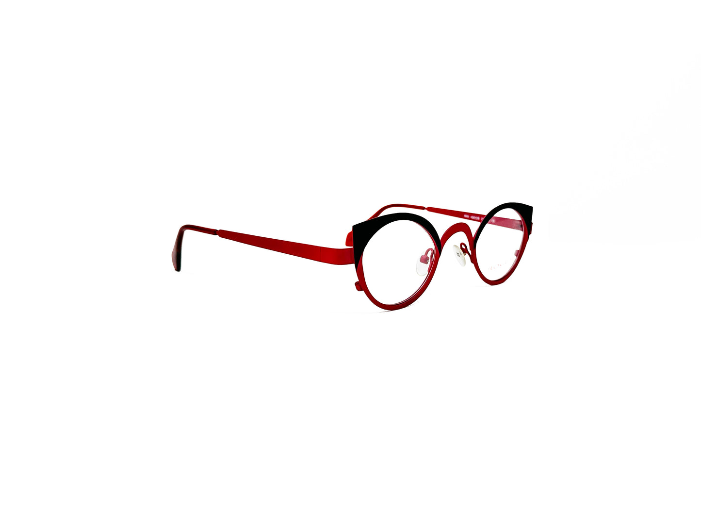 Roger metal, round, cat-eye optical frame. Model: RHI. Color: 4 - Red with black top rim. Side view.
