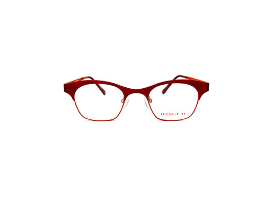 Roger metal, two-toned, rounded square optical frame. Model: Sjak. Color:3 - Red on top and orange on lower half. Front view. 