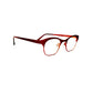 Roger metal, two-toned, rounded square optical frame. Model: Sjak. Color:3 - Red on top and orange on lower half. Side view.