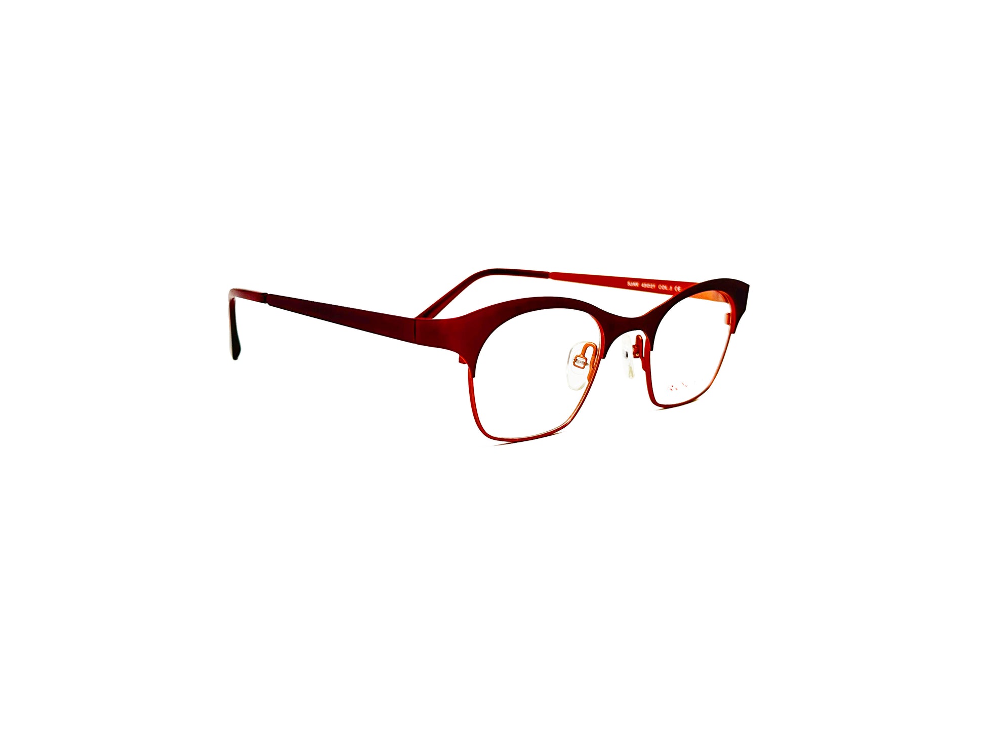Roger metal, two-toned, rounded square optical frame. Model: Sjak. Color:3 - Red on top and orange on lower half. Side view.