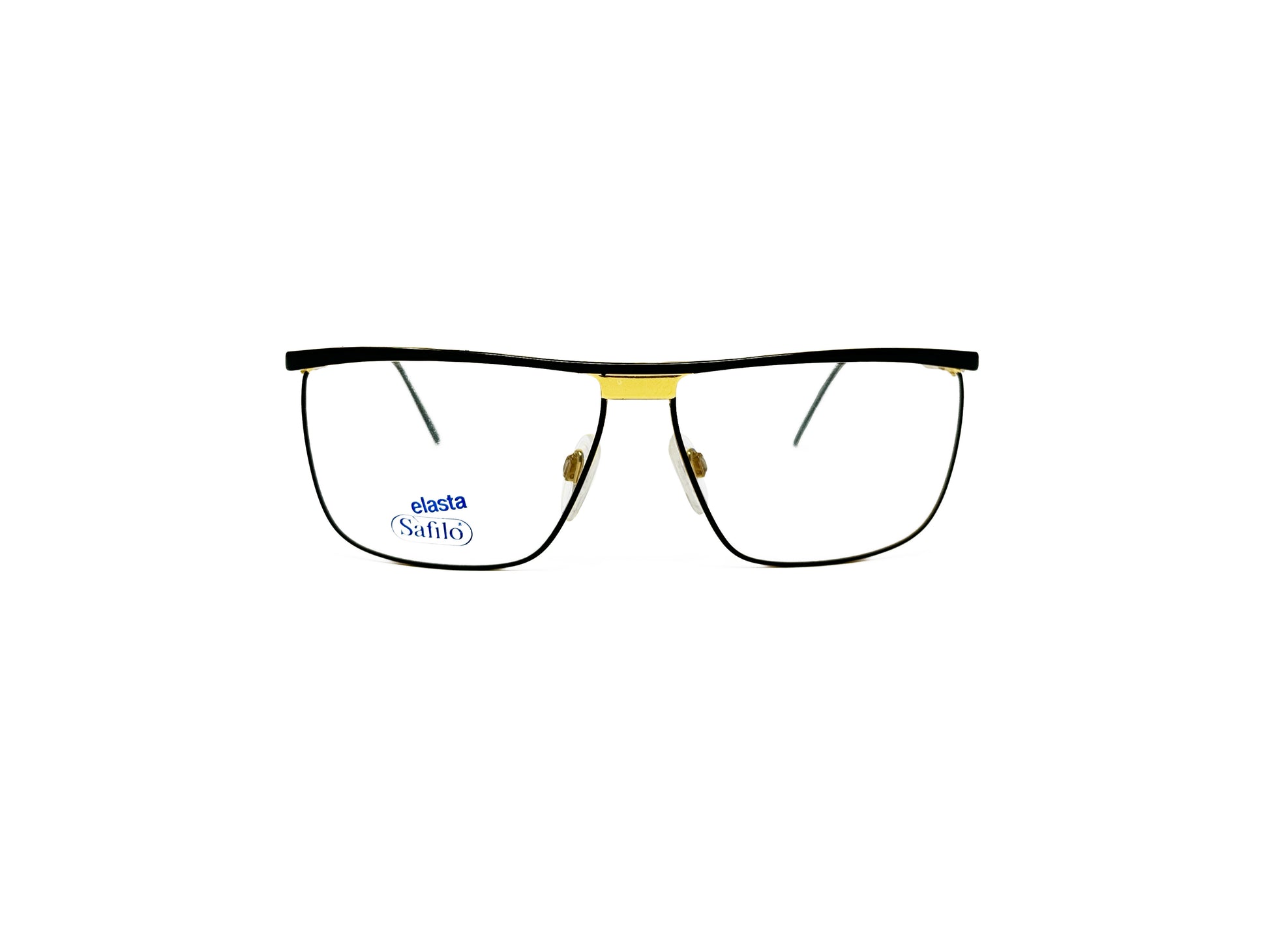 Safilo flattop wire optical frames with gold piece at the top of the nose bridge. Model: Flattop. Color: 70C - Black with gold on bridge. Front view. 