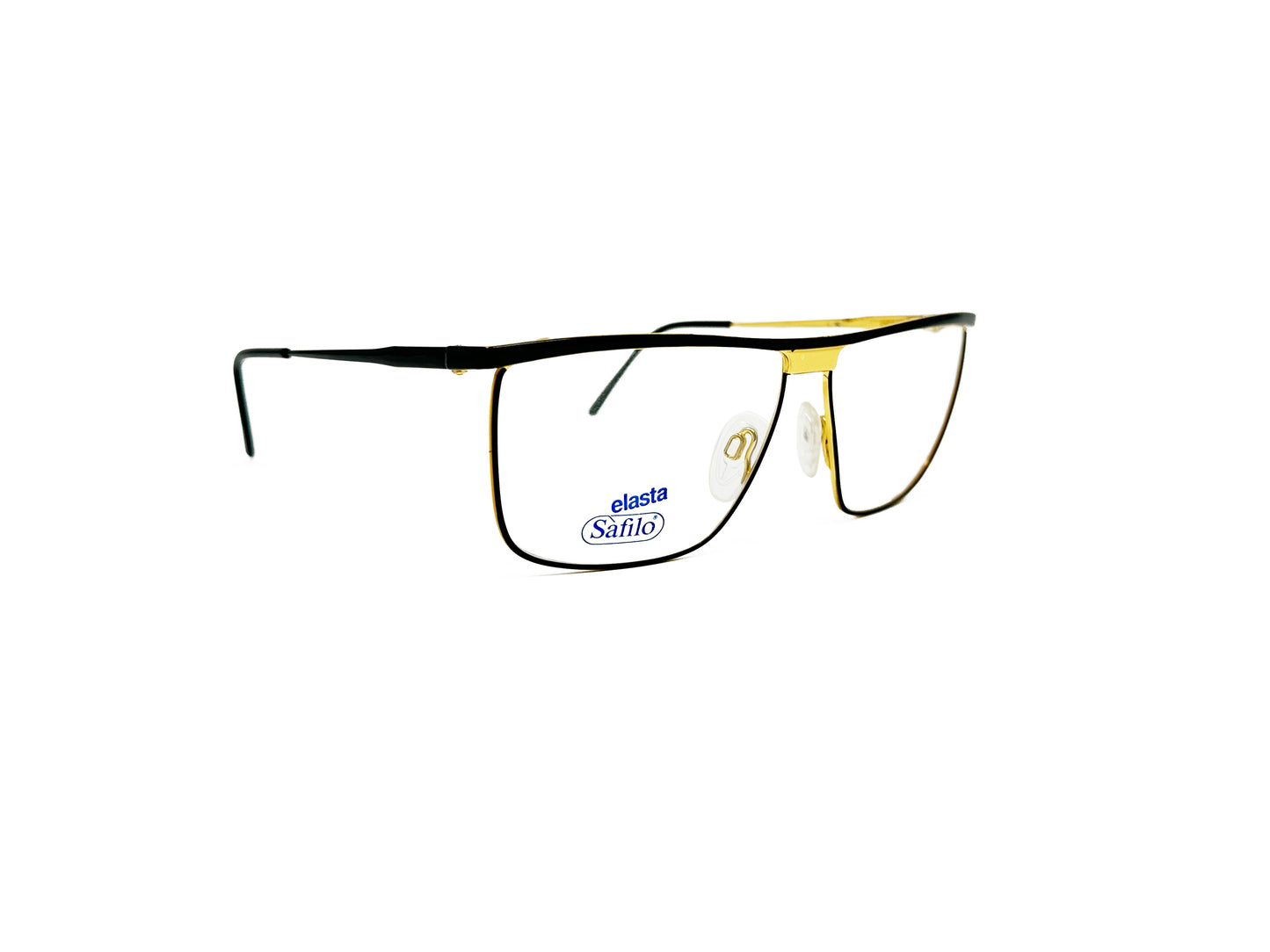 Safilo flattop wire optical frames with gold piece at the top of the nose bridge. Model: Flattop. Color: 70C - Black with gold on bridge. Side view.