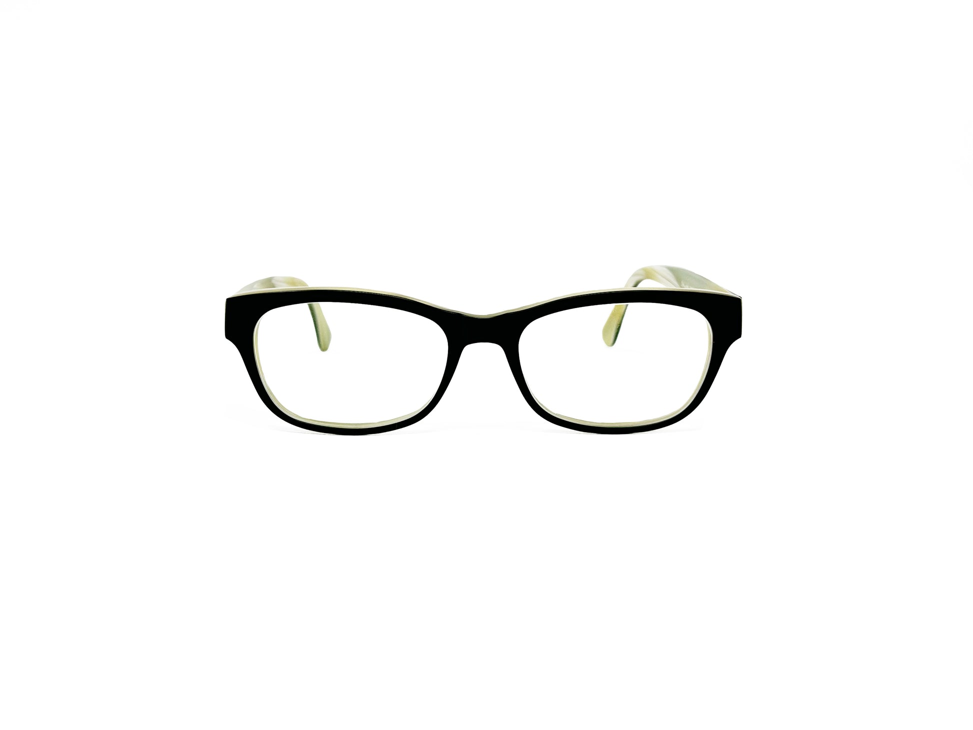 Schmnchel rectangular, uplifted, acetate optical frame. Model: 4537. Color: 1860M Black with cream swirl temples. Front view. 