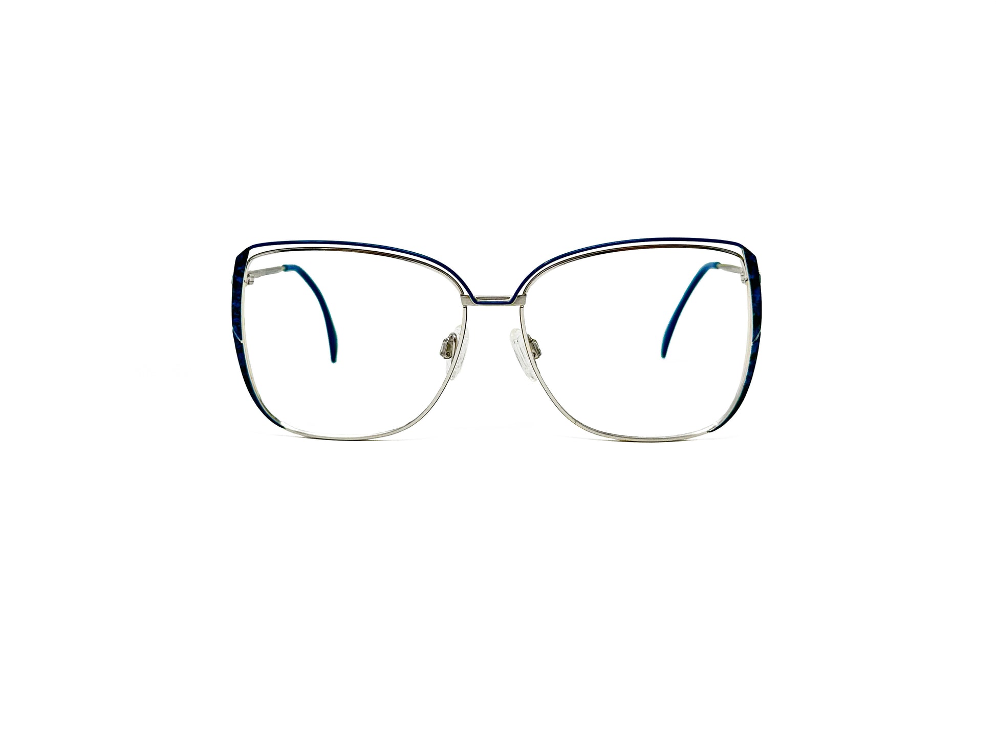 Silhouette metal, butterfly optical frame. Model: 6045. Color: 4246 - Blue trim with silver metal. Front view. 