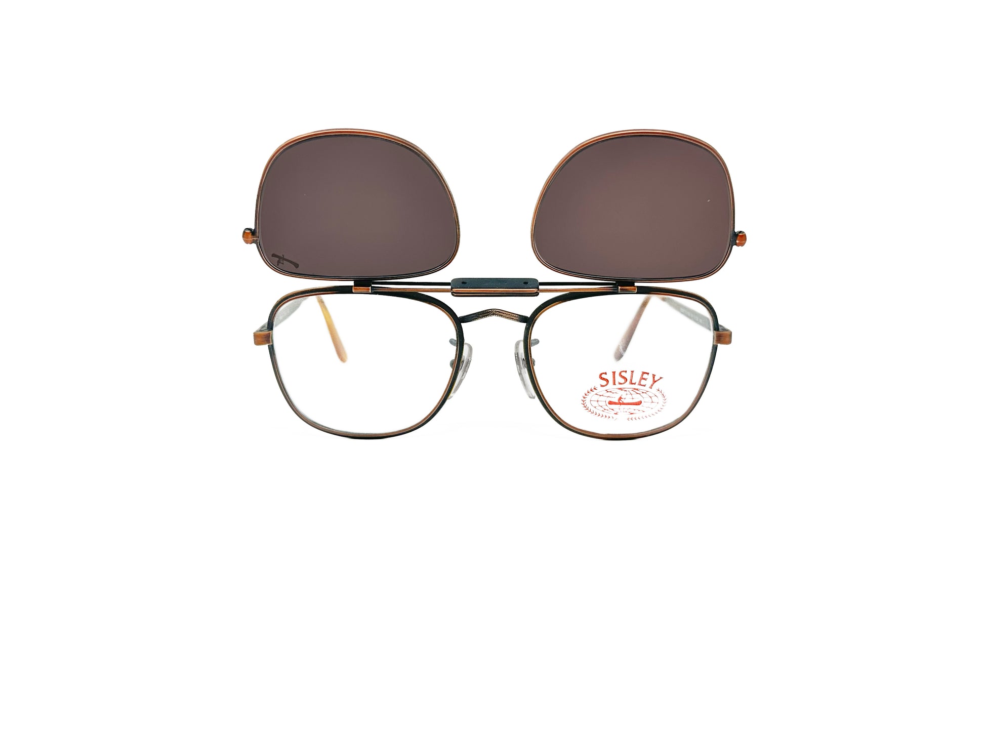 Sisley rounded-square flip-up sunglass with bar across top. Model: SL4. Color: 009 - Bronze. Front view. Shades flipped up.