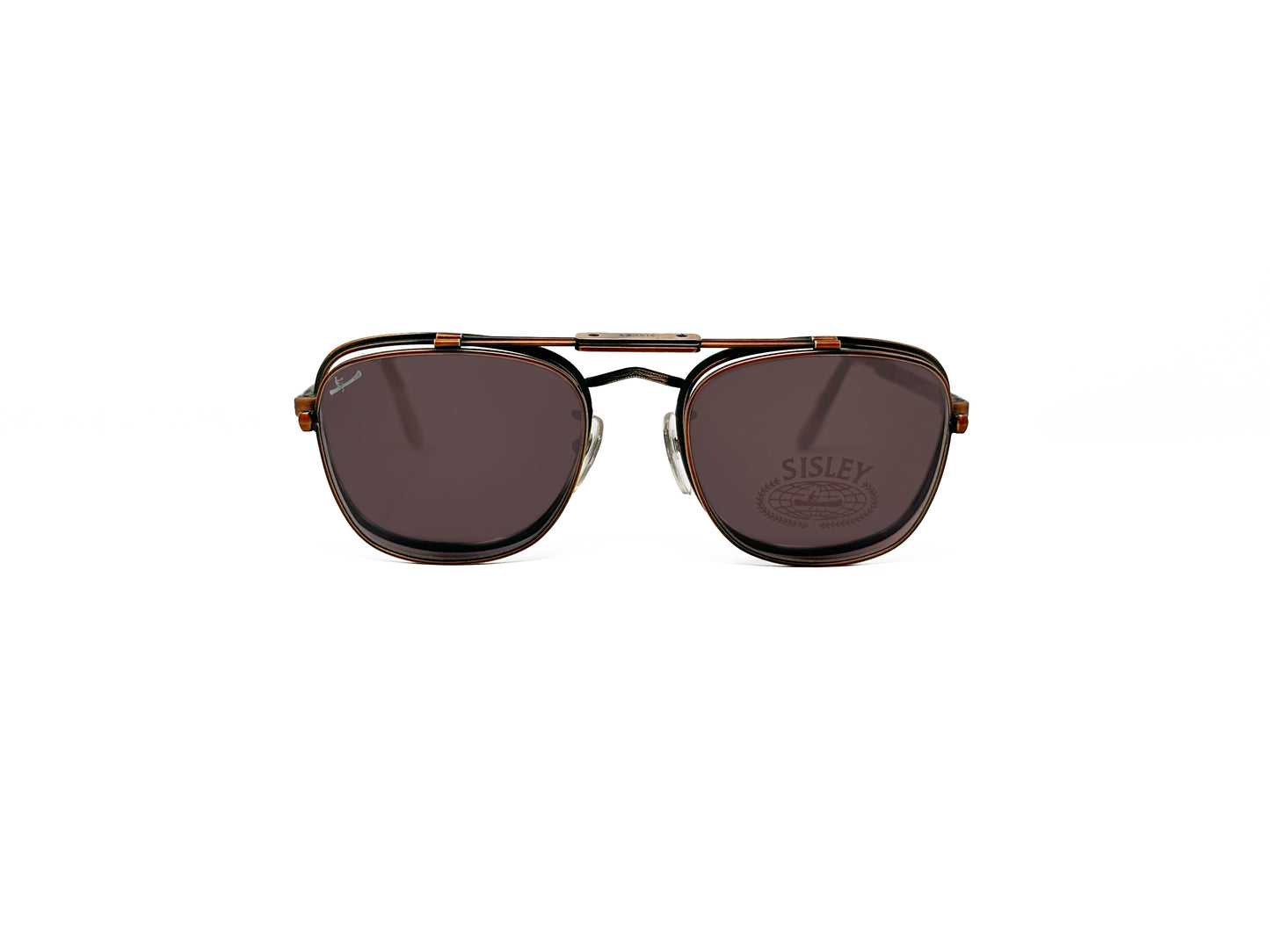 Sisley rounded-square flip-up sunglass with bar across top. Model: SL4. Color: 009 - Bronze. Front view. Shades flipped down. 