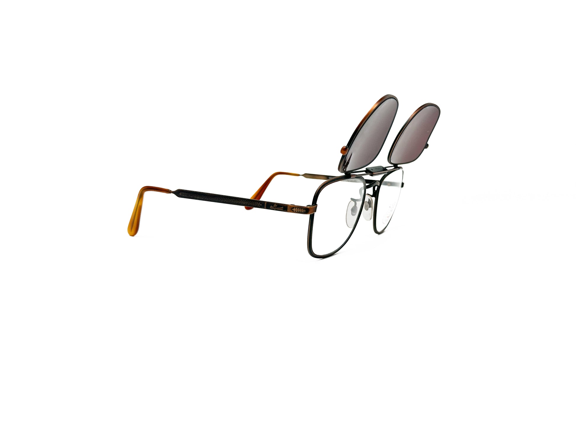 Sisley rounded-square flip-up sunglass with bar across top. Model: SL4. Color: 009 - Bronze. Side view. Shades flipped up.