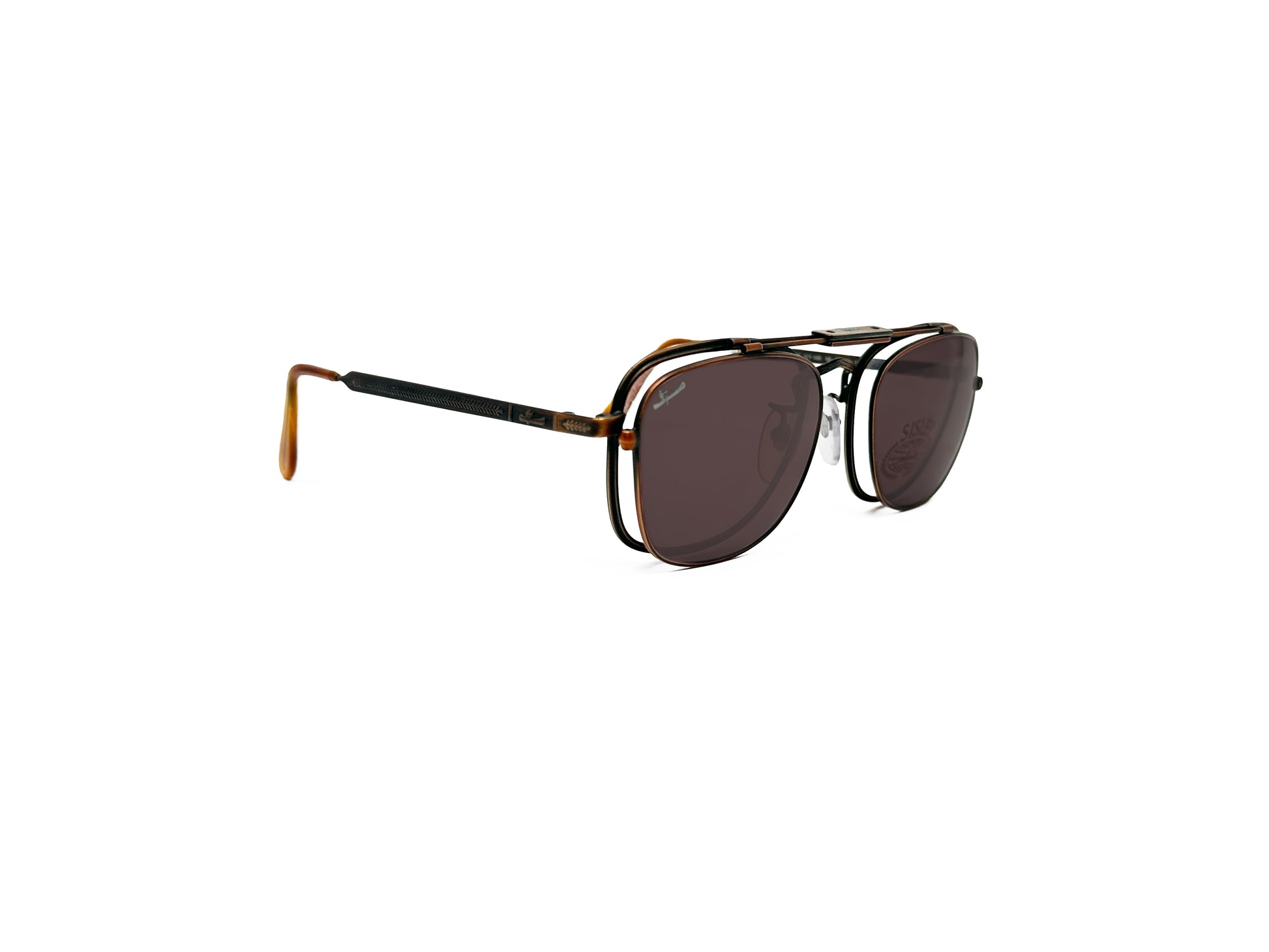 Sisley rounded-square flip-up sunglass with bar across top. Model: SL4. Color: 009 - Bronze. Side view. Shades flipped down.