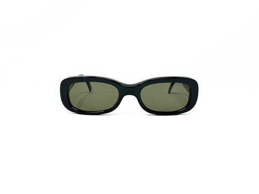 Tehama rectangular, bubble style acetate sunglass. Model: Lady Godiva 102. Color: C1 Black. Front view. 