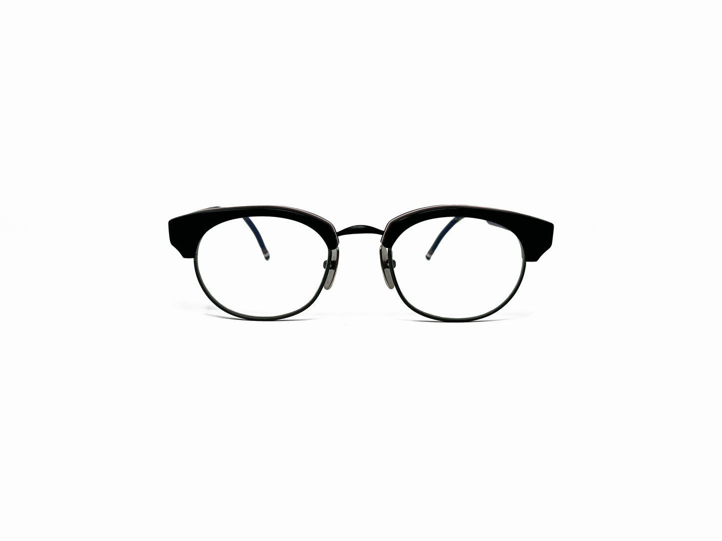 Thom Browne rounded half-rim optical frame. Model: 702. Color: Black with silver metal nose pads. Front view. 