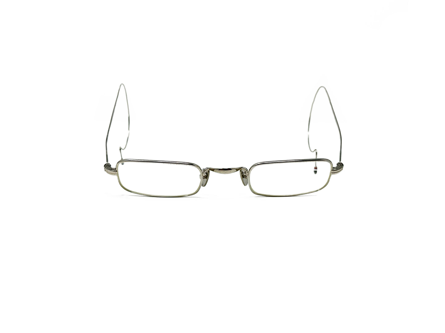 Thom Brown rectangular metal optical frame with cable temples. Model: TB900. Color: Silver. Front view open.