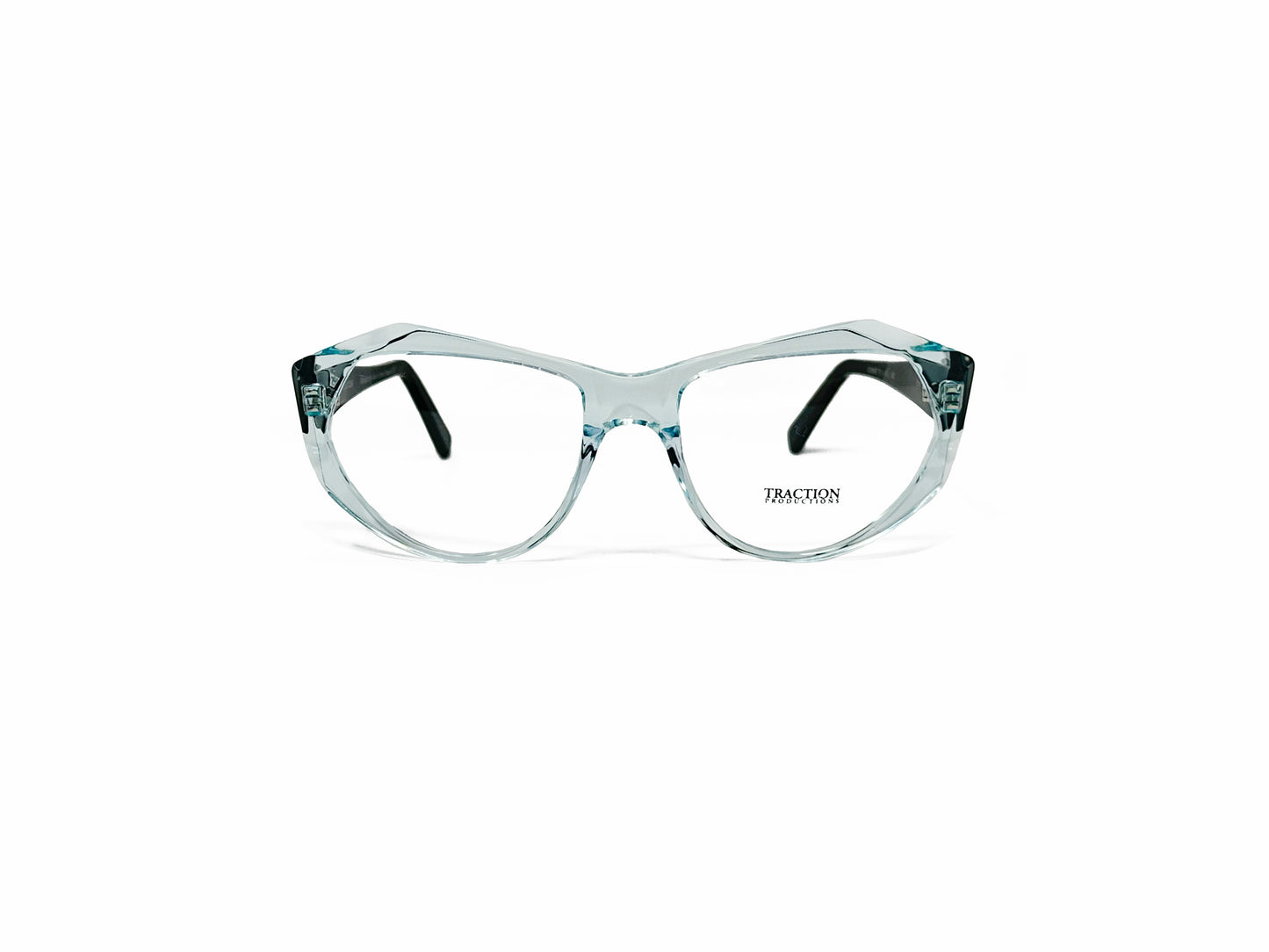 Traction geometric acetate optical frame. Model: Adamant. Color: Ether - Transparent Baby Blue. Front view. 