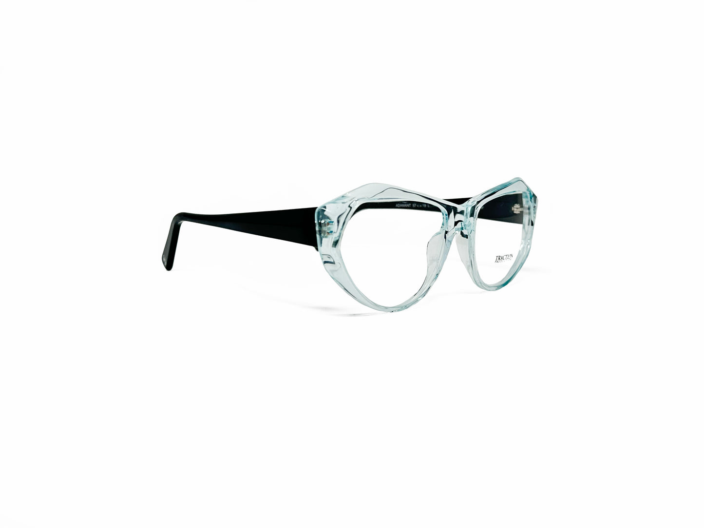 Traction geometric acetate optical frame. Model: Adamant. Color: Ether - Transparent Baby Blue. Side view.