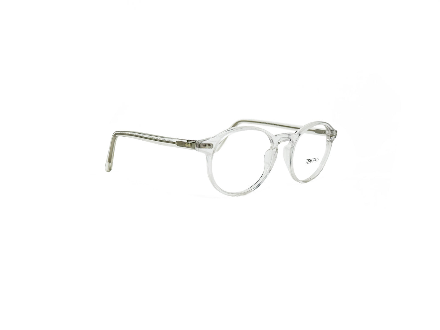 Traction round acetate optical frame. Model: Ando. Color: Cristal - Transparent. Side view.