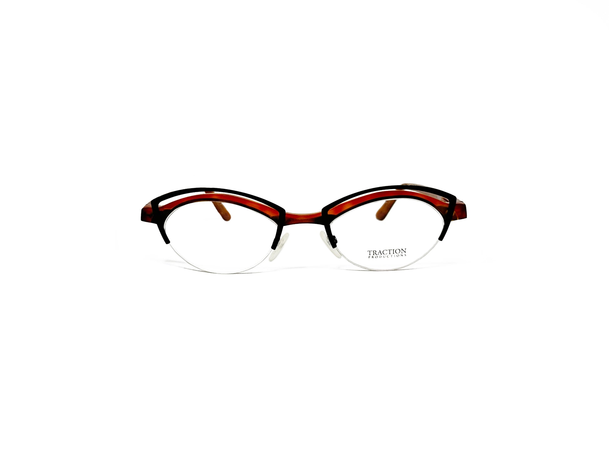 Traction metal, rounded cat-eye optical frame with cutouts at top of frame. Model: Bazaar. Color: Ecacoa - Reddish-orange and black. Front view. 
