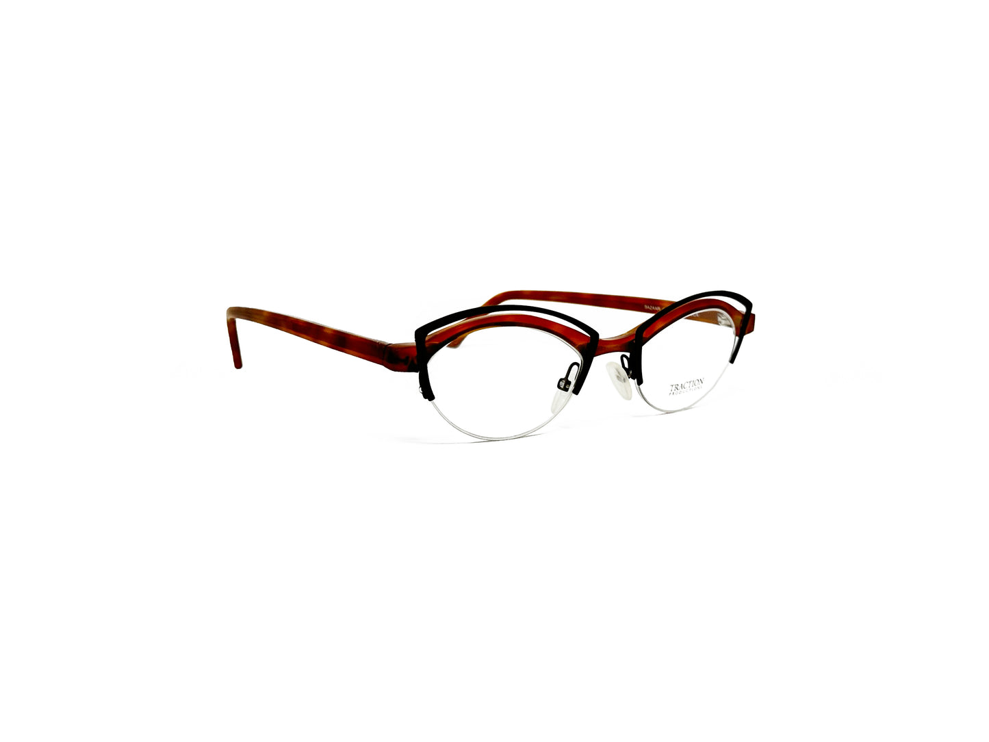 Traction metal, rounded cat-eye optical frame with cutouts at top of frame. Model: Bazaar. Color: Ecacoa - Reddish-orange and black. Side view.