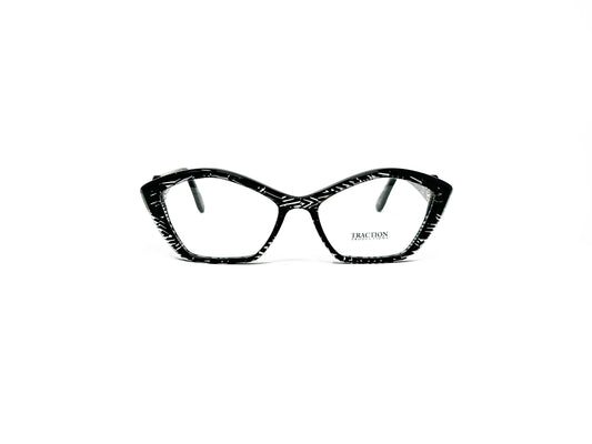 Traction Productions angled, cat-eye, acetate optical frame. Model: Breevard. Color: Resille - Black and clear stripy pattern. Front view. 