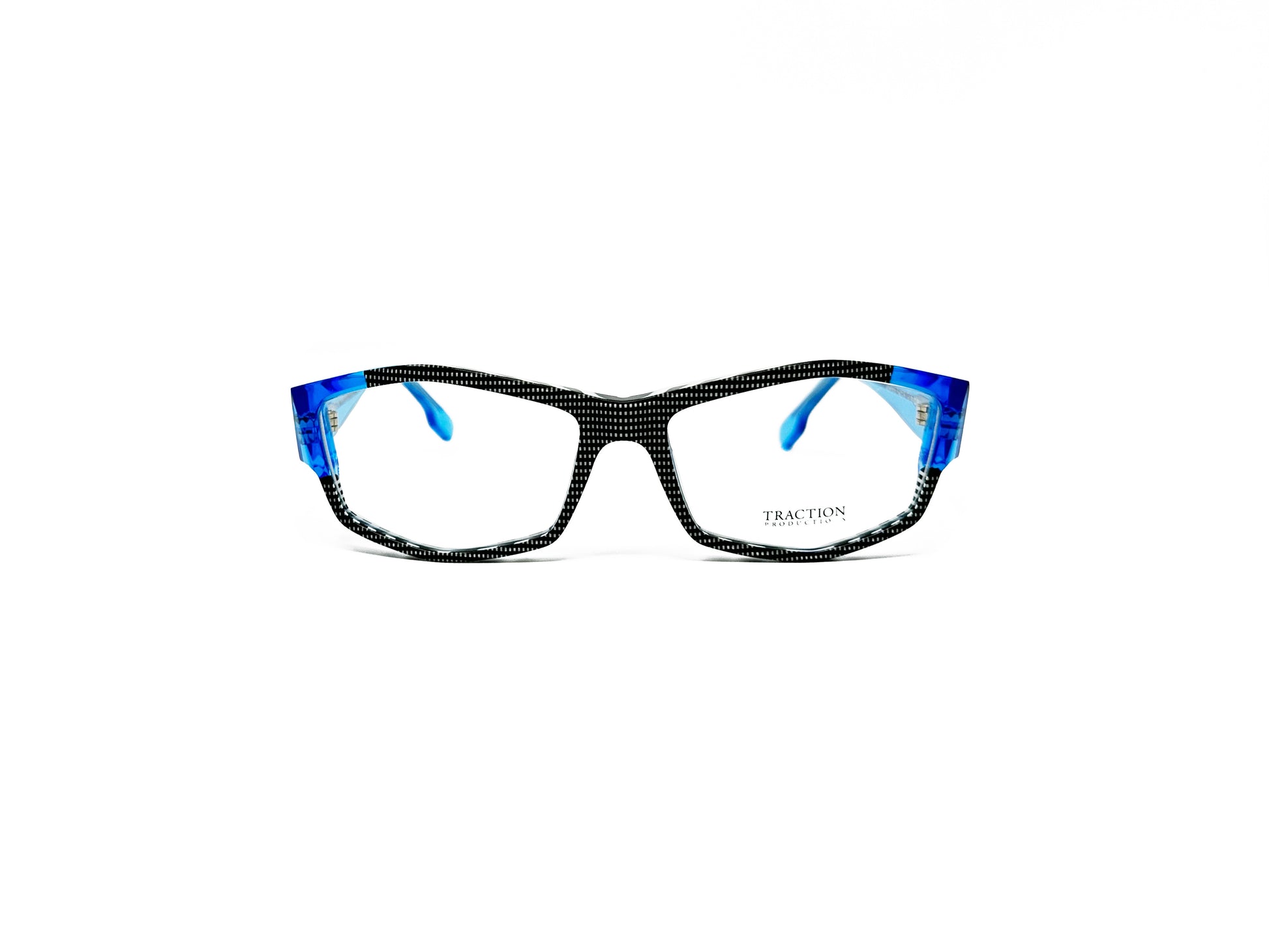 Traction angular acetate optical frame. Model: Martha. Color: Gris Bleu - Black and white polka dots with blue on corners and temples. Front view. 
